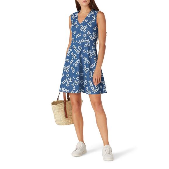DRAPER JAMES Blue White Floral Sleeveless V-Neckline Love Circle Dress Size 2 - Picture 1 of 10